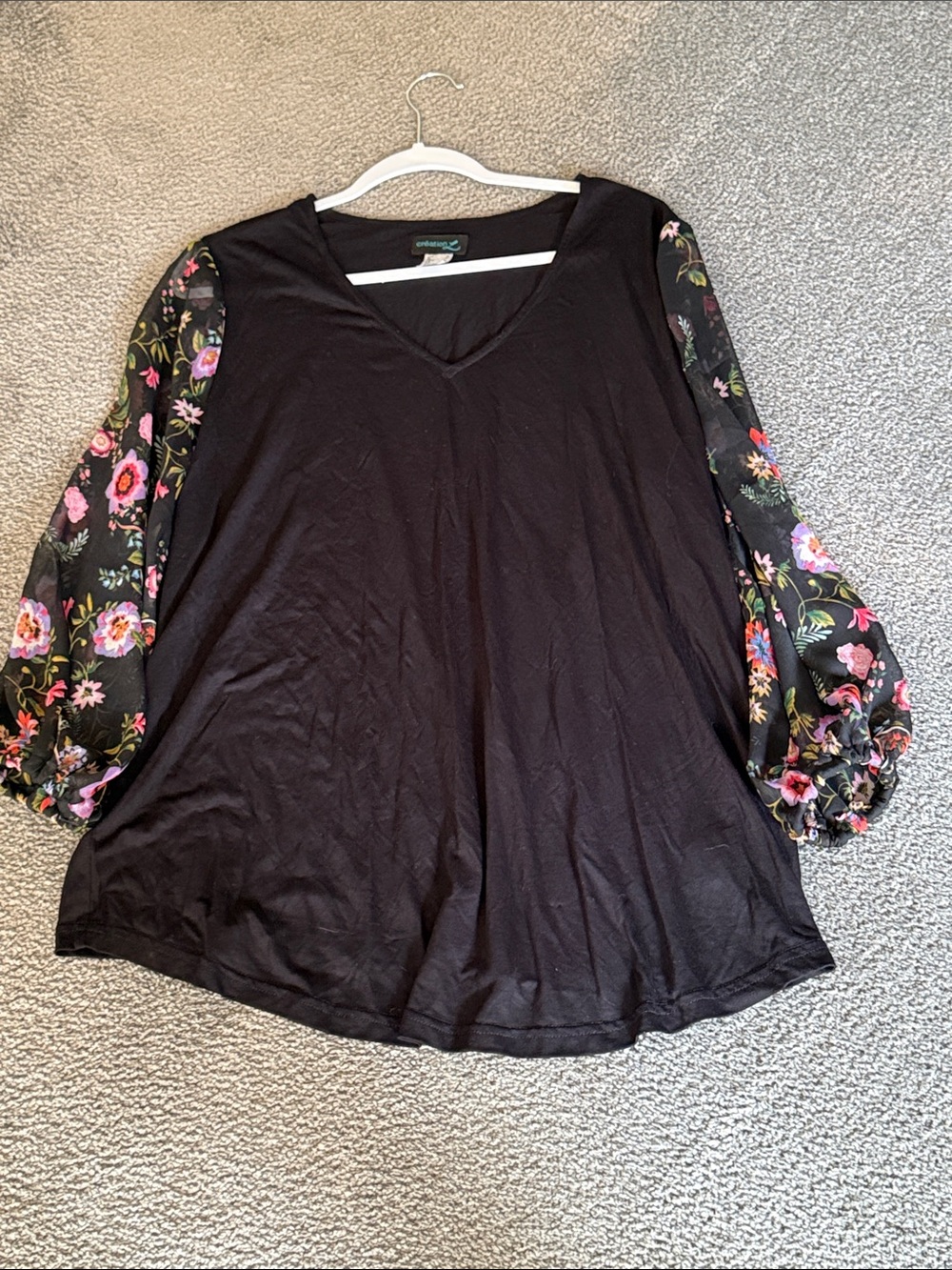 Black V-Neck Top with Floral Sheer Elastic Cuff Sleeves. By Creation L. Size 18